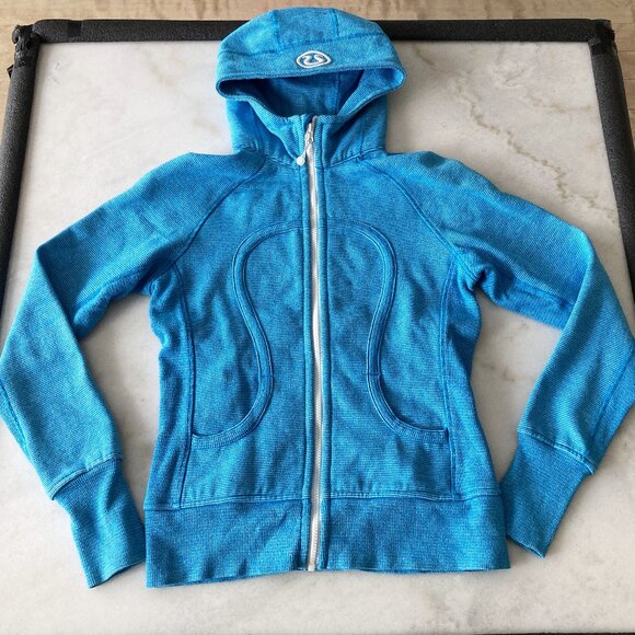 Lululemon blue & white stripe scuba hoodie w/ thumbholes (size 6) side stretch - Picture 1 of 7